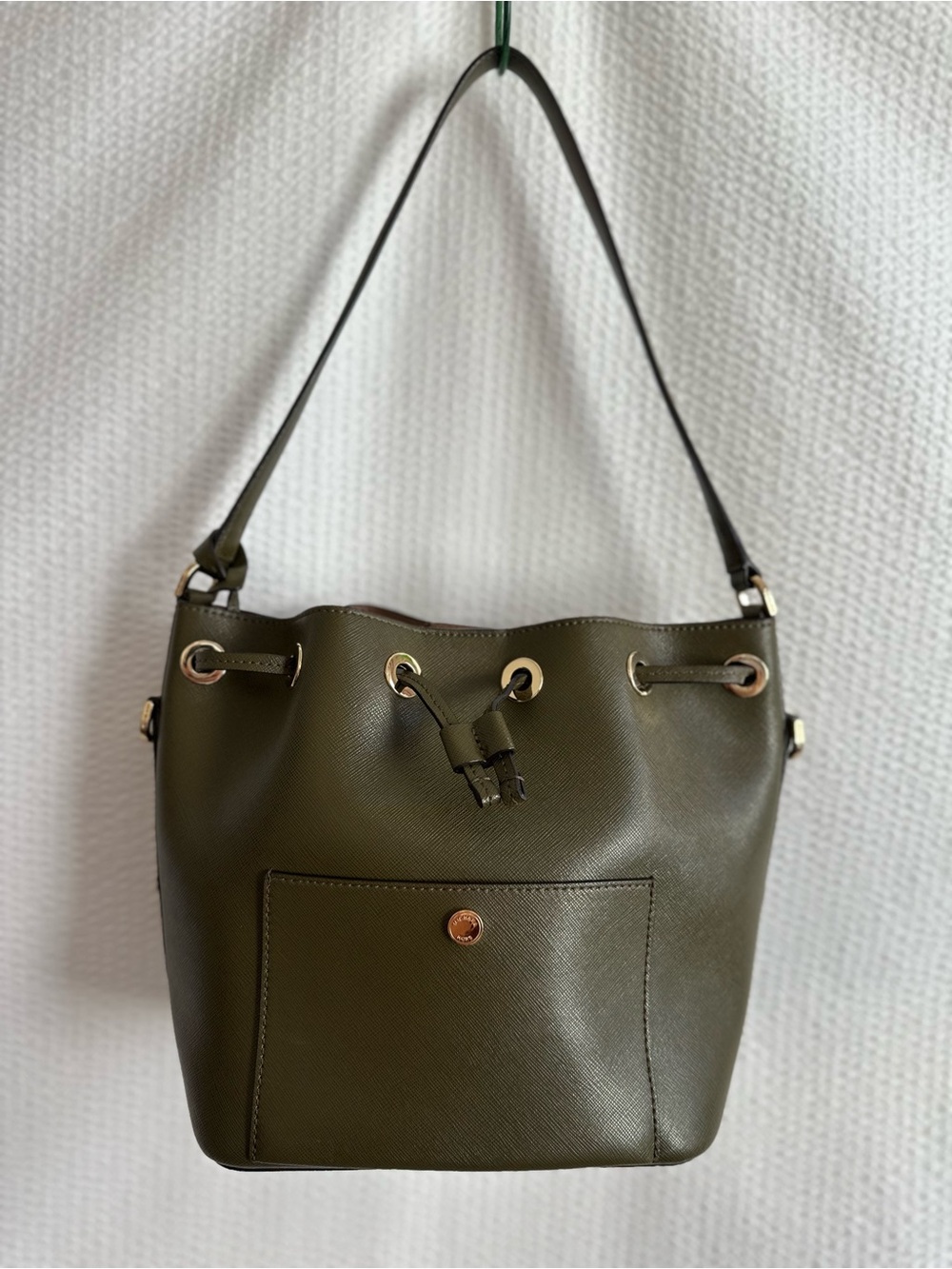 Michael Kors Greenwich Medium Olive Green Saffiano Leather Bucket Shoulder Bag